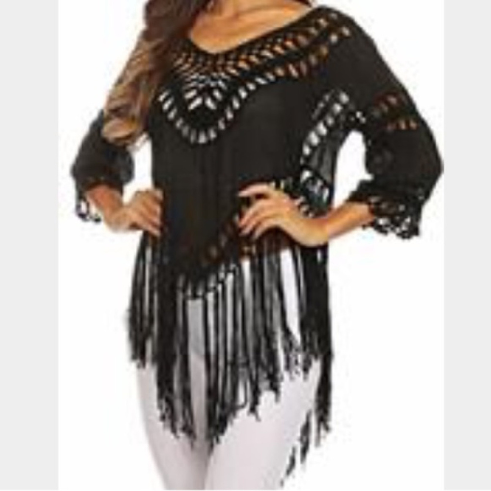 New Black Boho Fringe Top- "One Size Fits Most"